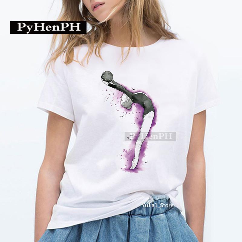Elegant Ballet Print Short Sleeve T-shirt Women's Slim Fit Summer Top Modal Fabric Student Girl Fashion Polyester