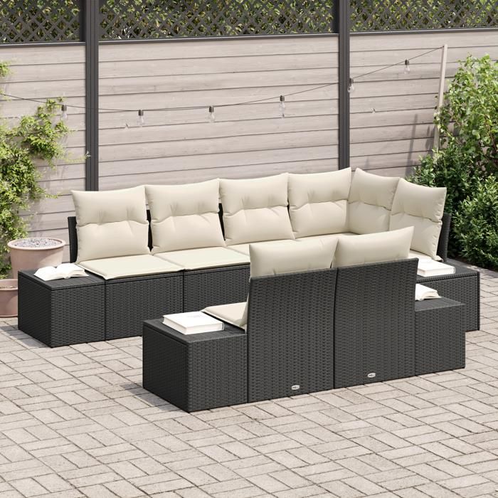 VidaXL Ensemble de Canapé de Jardin 7 Pièces avec Coussins Noir en Rotin Synthétique 3347097