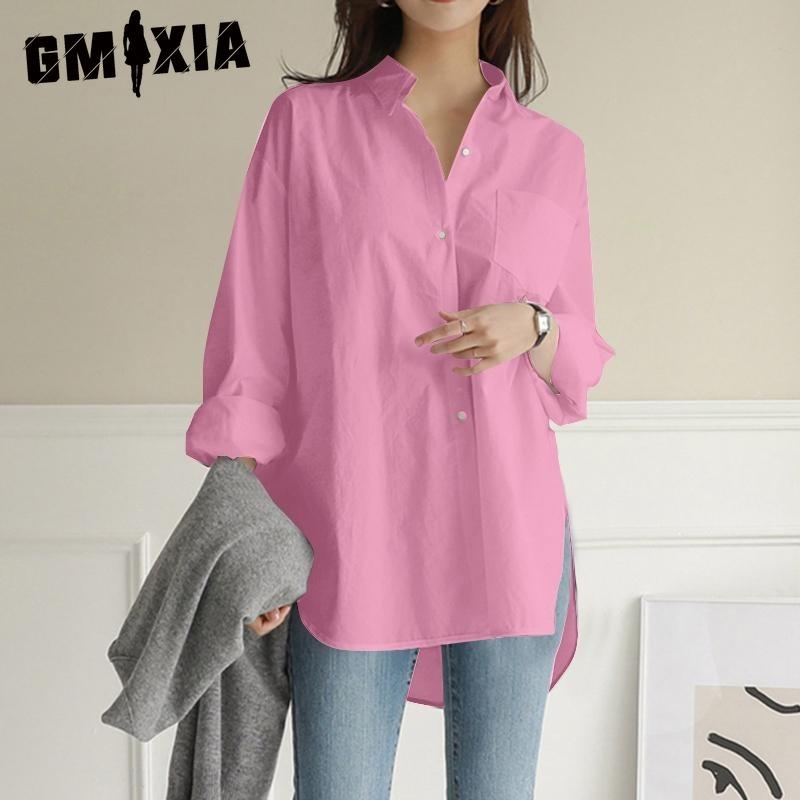 GMXIA Camicette e camicie con collo a polo, maniche lunghe, stampa casual, alla moda, in tinta unita
