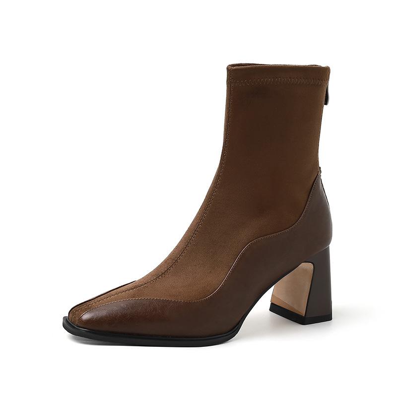 7CM fairy temperament feminine flavor square head thick heel splicing small short boots 2025 autumn new temperament, elastic boots women