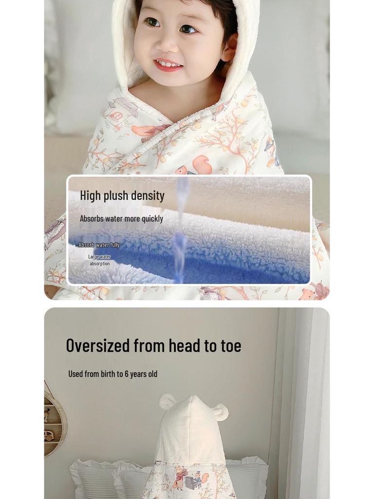 Hooded Coral Fleece Baby Bath Towel - Quick Dry, Water Absorbent, Swaddling Blanket for Newborns, Thickened for Autumn & Winter.