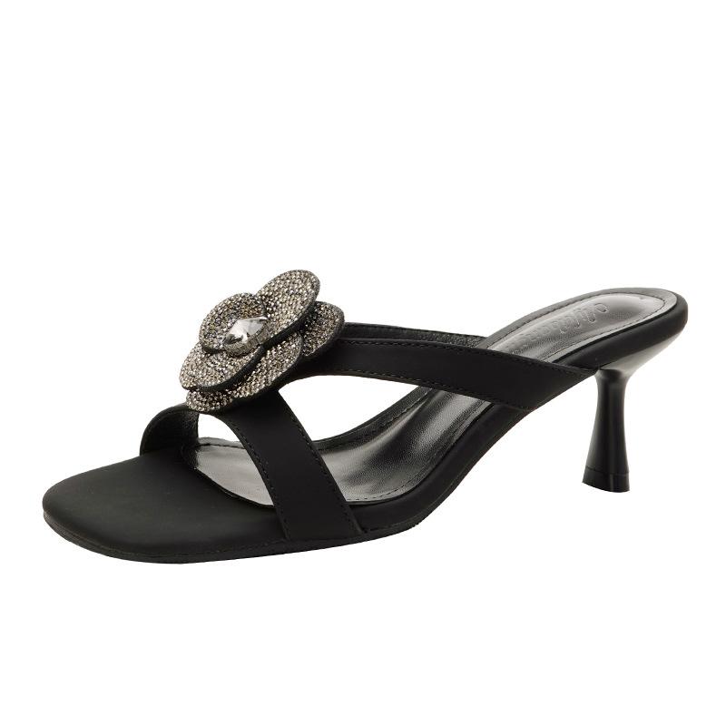 Fashion Camellia Flower High Heels Slippers Women Narrow Band Crystal Floral Slides Party Shoes Female Glitter Beading Sandalias Mujer