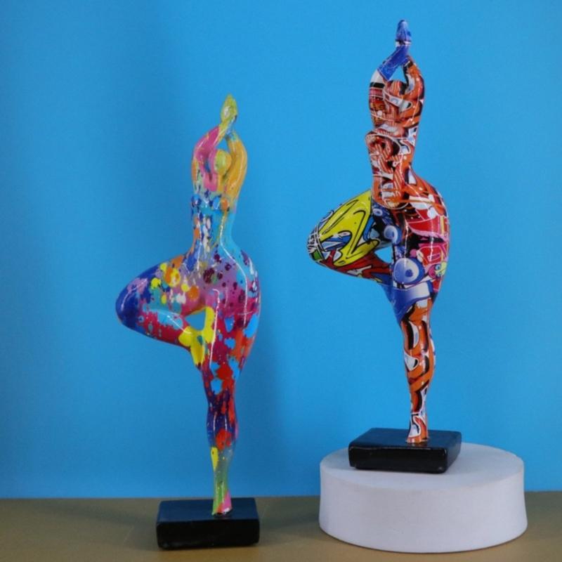 Modern Dancing Lady Statue Colorful Graffiti Resin Abstract Woman Sculpture Perfect For Living Space And Office Decors