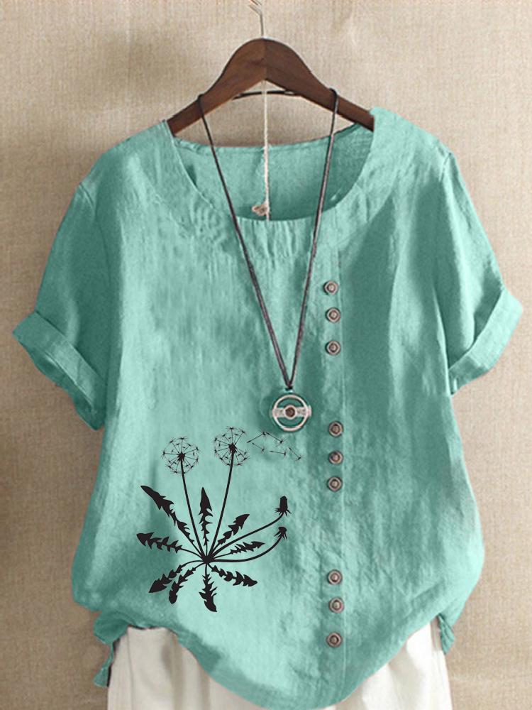 Women's Fashion Black Dandelion Print Shot Sleeve T-shirt Loose Cotton Shirt Casual Loose Summer Blouse Tops Plus Size