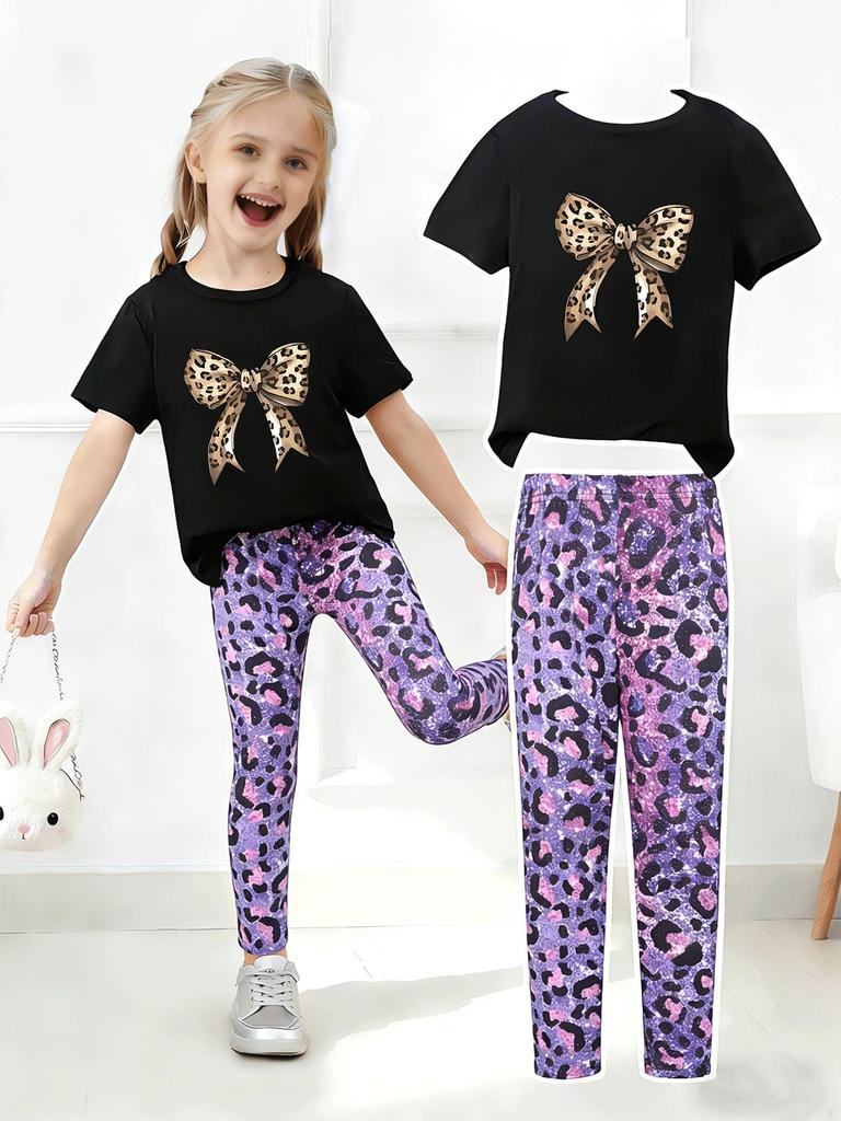 Girls' Summer Casual Short-Sleeve Long Pants Set - European & American Print