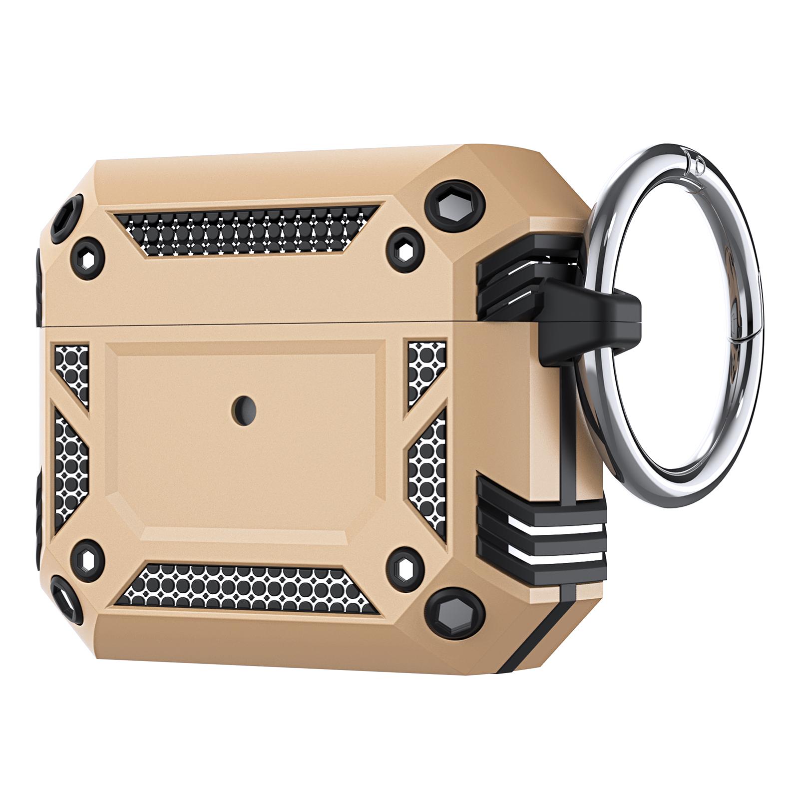 

For AirPods 4 Hard PC + TPU Skin Cover Shockproof Scratch Resistant Earphone Case with Carabiner Gold