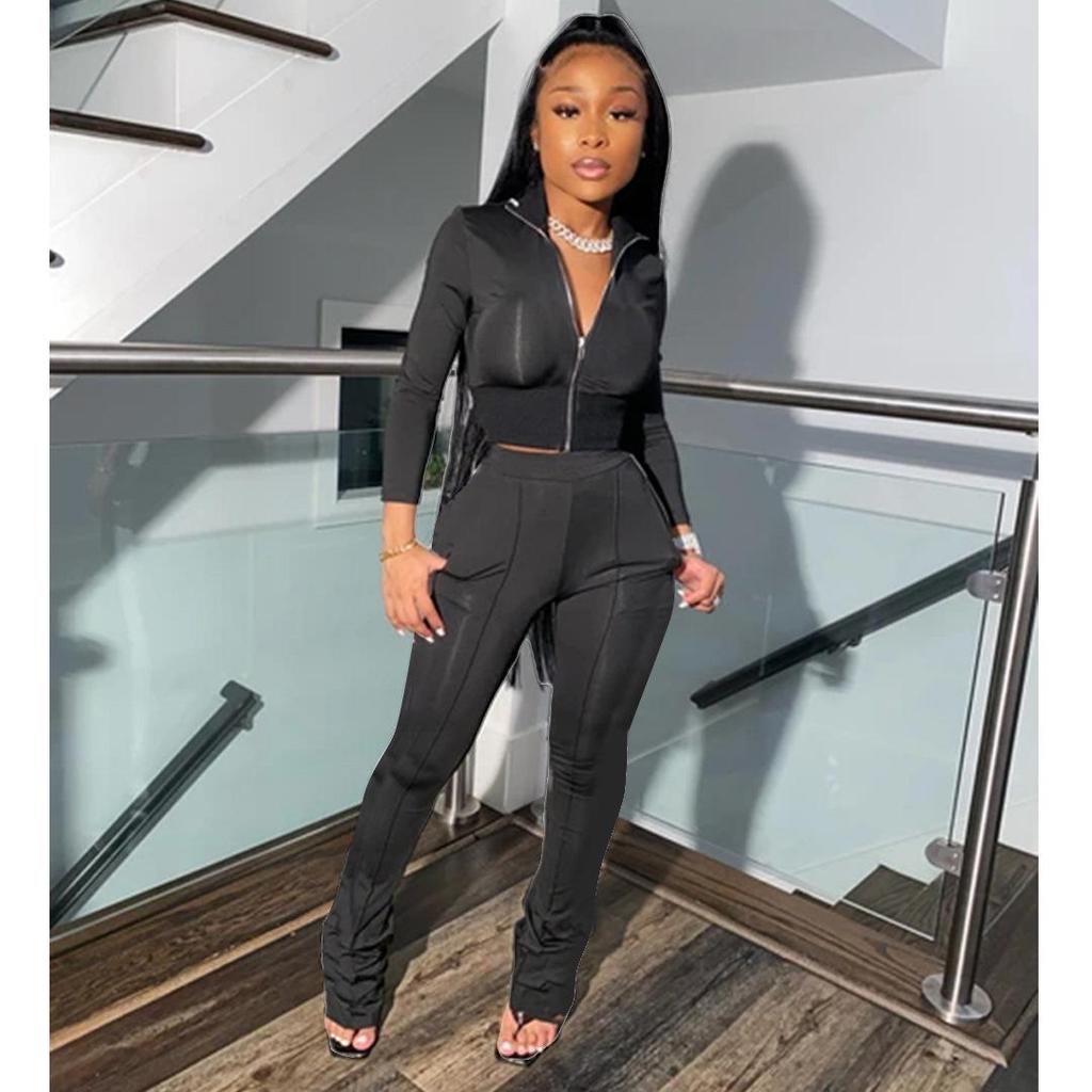 Evropská a americká móda Ležérní jednobarevná sportovní dvoudílná souprava