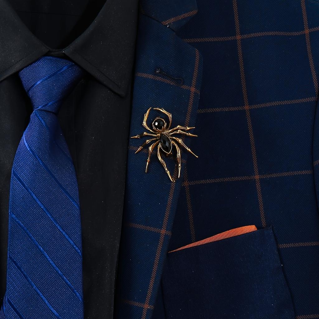 Golden & Silvery Alloy Spider Brooch Pins for Men | Vintage-Inspired Design, Faux Gemstone Embellished, Chain Necklace Accessory for Suits, Jackets