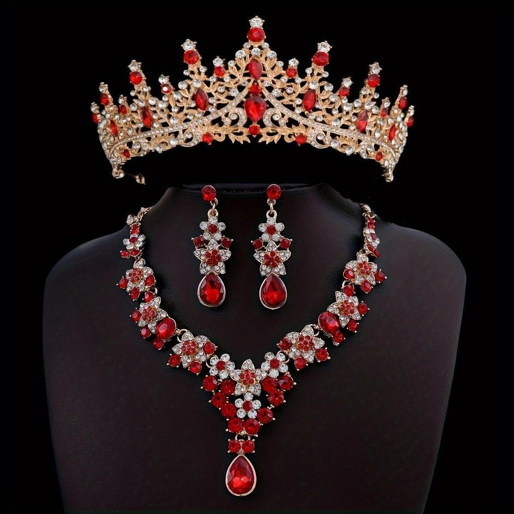Brautschmuck Halskette Ohrringe Hochzeit Diamantbesetzt Blume Schmuck Kleid Hochzeitskleid Krone Fassung Accessoires