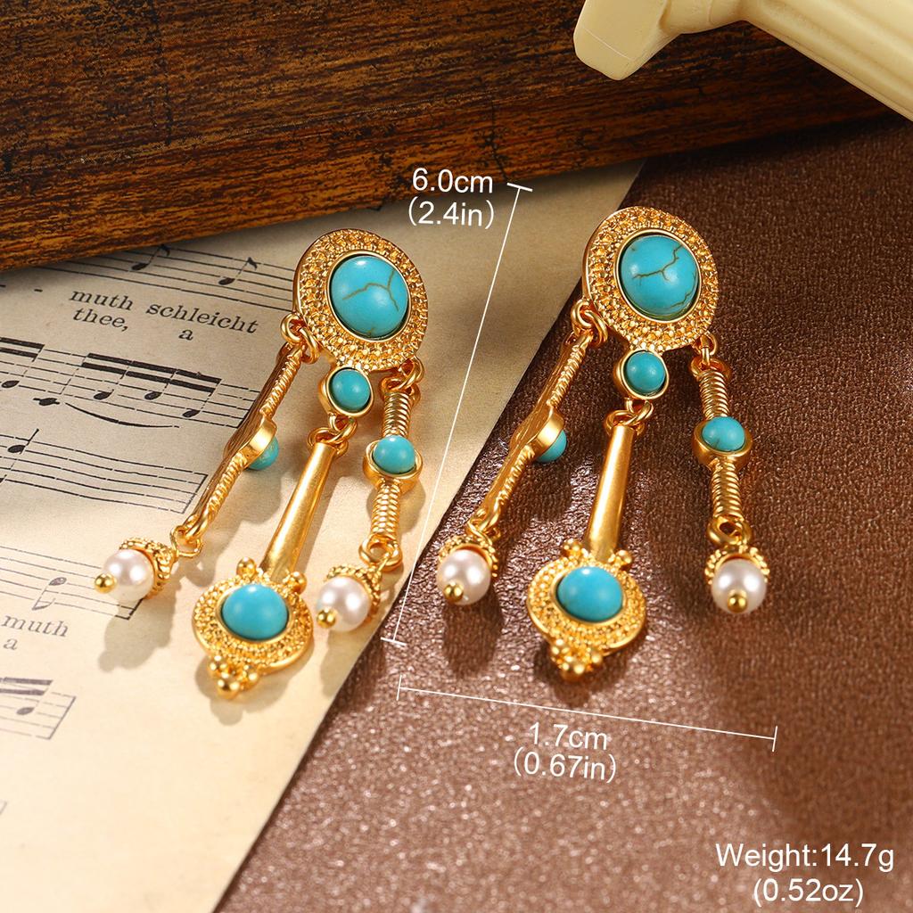 Turquoise Earrings Women's French Retro Niche Earrings Peacock Tassel Hollow Premium Earrings