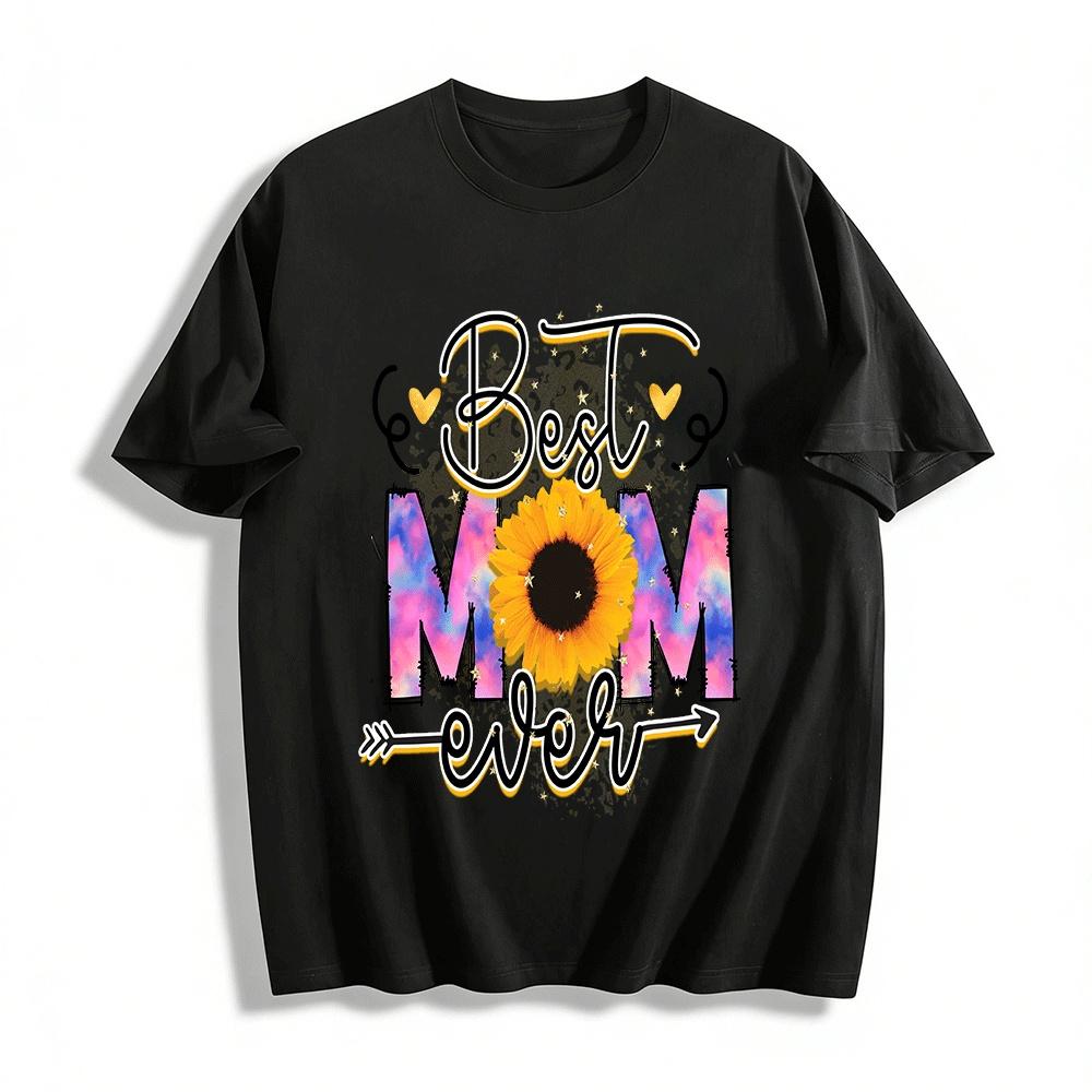 Best Mom Ever Sunflower Print Casual Short Sleeve T-Shirt Pure cotton T-shirt XXS