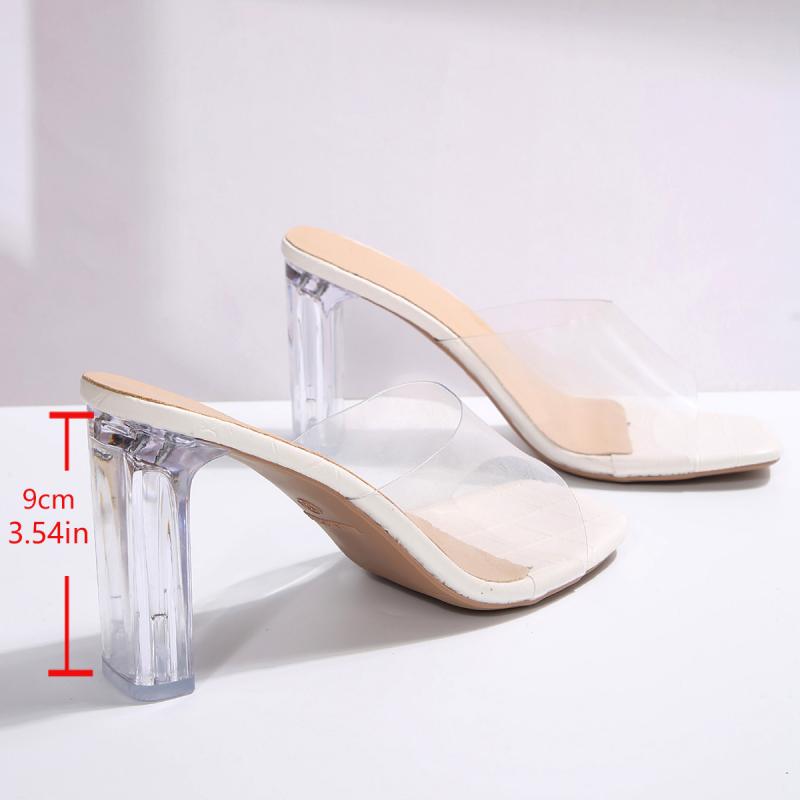 Fashion Sexy Transparent Pvc Sandals Women Summer 2025 Fashion Thick High Heels Crystal Slippers Woman Square Toe Slip On Party Shoes