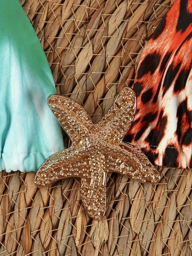 Print Neckholder Netz langes Kleid Zweiteiliger Bikini Mit Metall-Accessoires Mode Für Den Urlaub