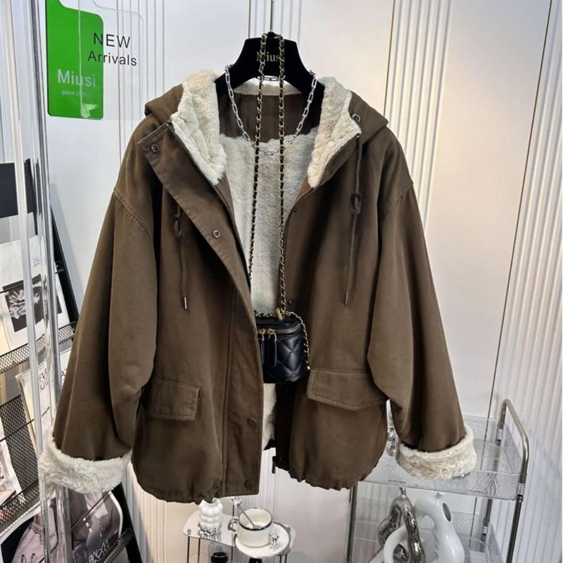 Coats for Women Winter Cotton Oversize Jacket Hooded Thickened Velvet Windbreaker Loose Casual Coat Top