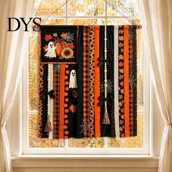 Seasonal Festival Gift Halloween Rag Banner, Orange Black Skull Ghost Pumpkin Hanging Decoration, Rustic Theme Banner Fabric Stripe for Front