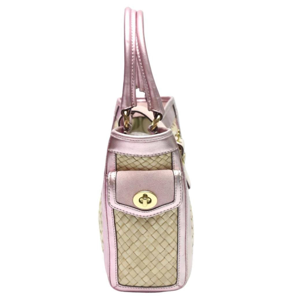 COACH basket straw Handbag leather Pink x Beige Women 4419 Used
