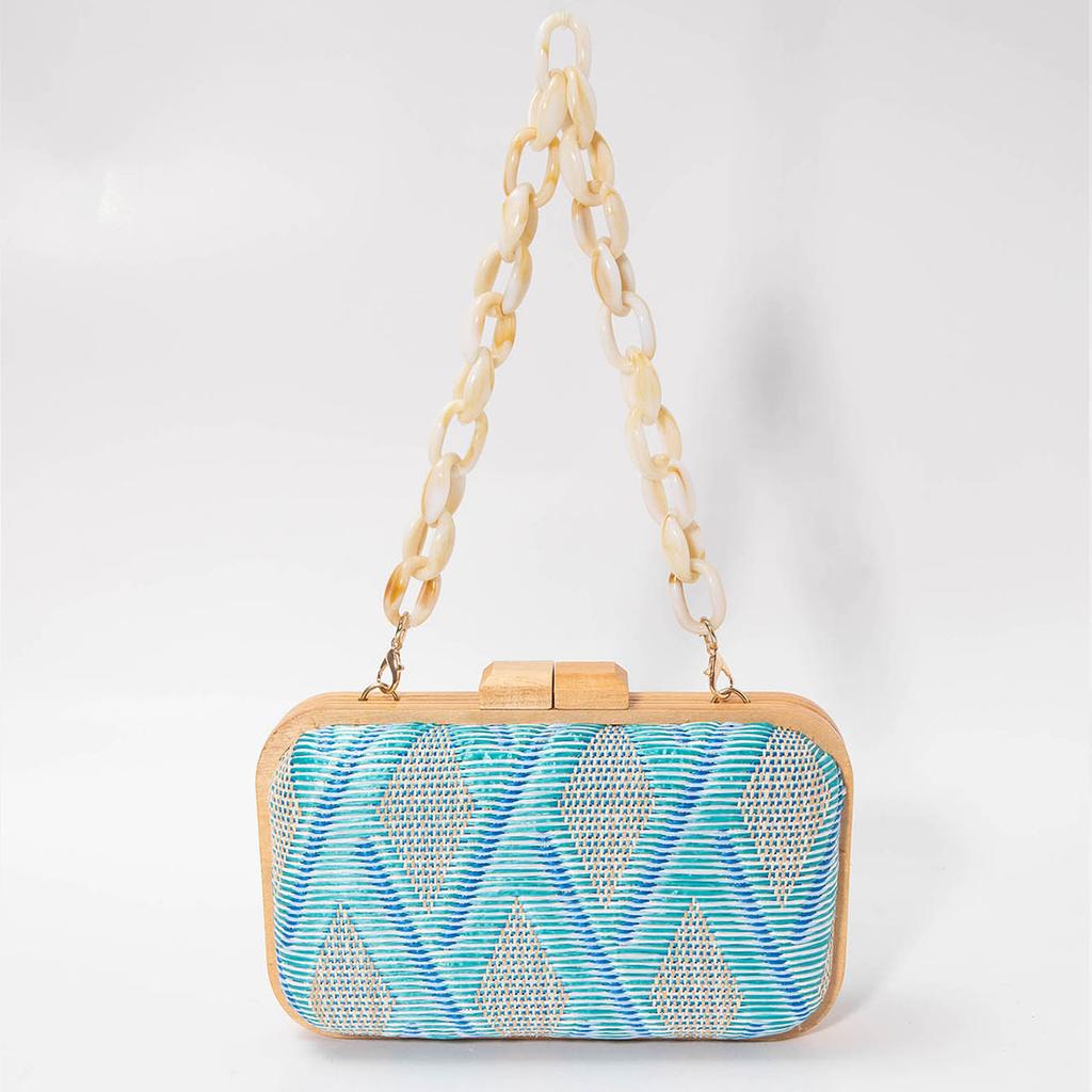 Modische Holzclip-Kupplungstasche für Damen Acrylketten Damen-Schultertaschen Geometrische Muster Handtaschen Sommer Strandparty-Portemonnaies