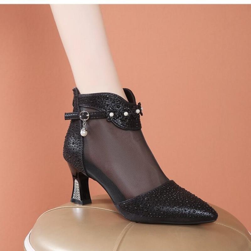 Summer New Fashion Pointed Back Zipper High Heel Fashion Women's Sandals Large Size Rhinestone Breathable Mesh Cool Boots