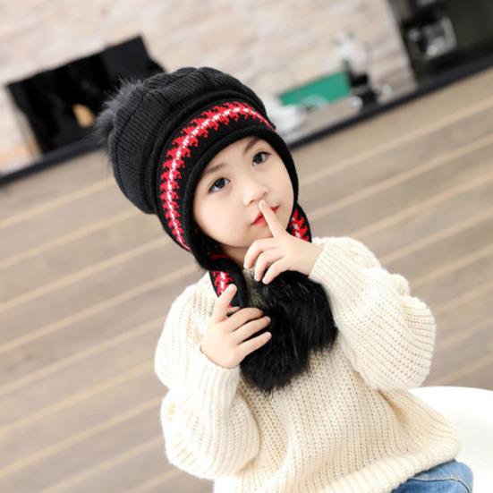 3-12 Years Autumn Winter Kids Beanie Hairball Solid Color Thickened Fleece Lined Jacquard Baby Girls Knitted Hat for Outdoor