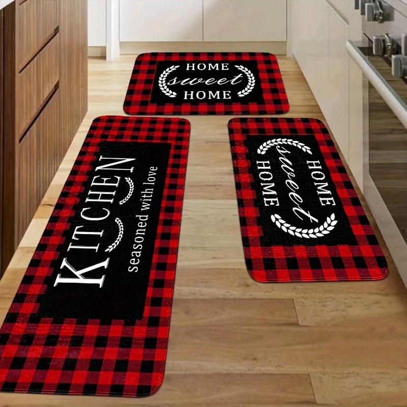 Red Plaid Kitchen Mat, European Style Flannel Non-Slip Soft Rug with Sponge for Kitchen Bathroom Floor Decor