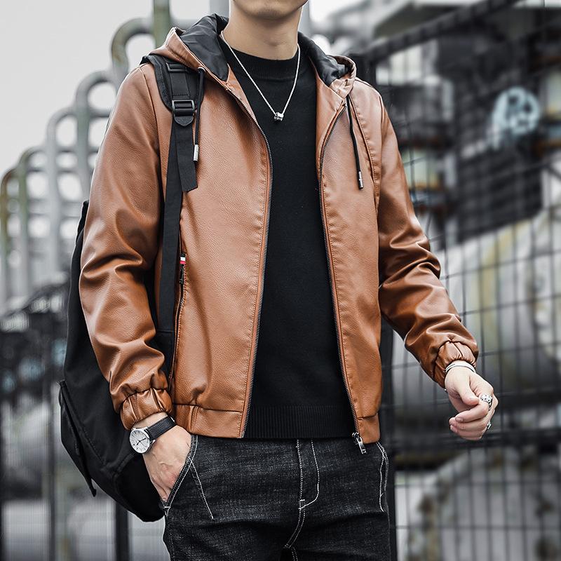 Hooded Leather Men's New Autumn and Winter Korean Version of Thin Velvet Leather Jacket Trend Casual Motorcycle Wear Cargo Coat