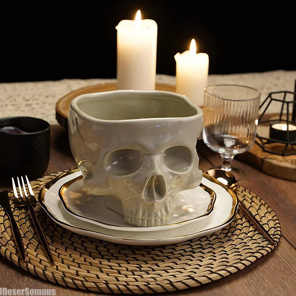 Ciotola da Pasta Teschio Gotico in Porcellana Retro Stoviglie di Halloween Bar di Casa Cibo Noodles Insalata Caramelle Ciotola in Ceramica Decorazione da Tavolo