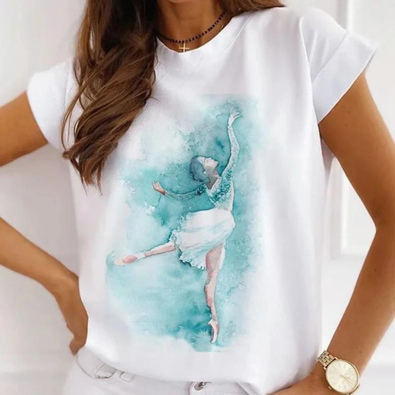 Stylish African Womens Watercolor Ballerina Girl Cute Cartoon Short Sleeve Tshirt Summer Tops Vintage Clothes Oversized Tee