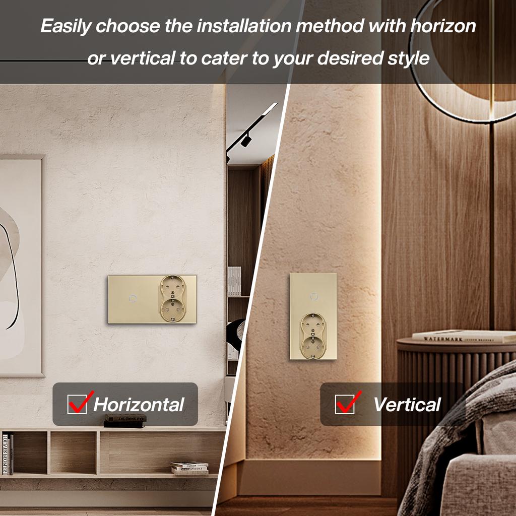 BSEED 1/2/3Gang Touch Light Switches 1Way With Dual Wall Sockets EU Standard Blue Backlight Glass Panel Gold