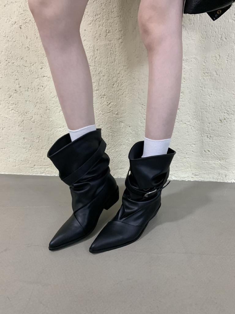 Pointed thick heel high heel temperament thin new belt buckle French fashion sexy short boots women