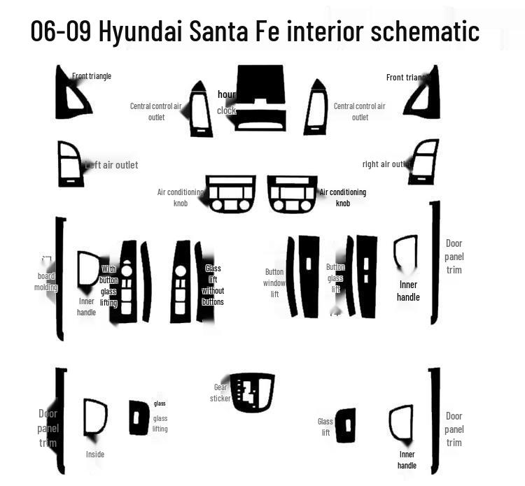 06-12 Hyundai Santa Fe Interior Gear and Air Outlet Stickers & Center Console Color Film