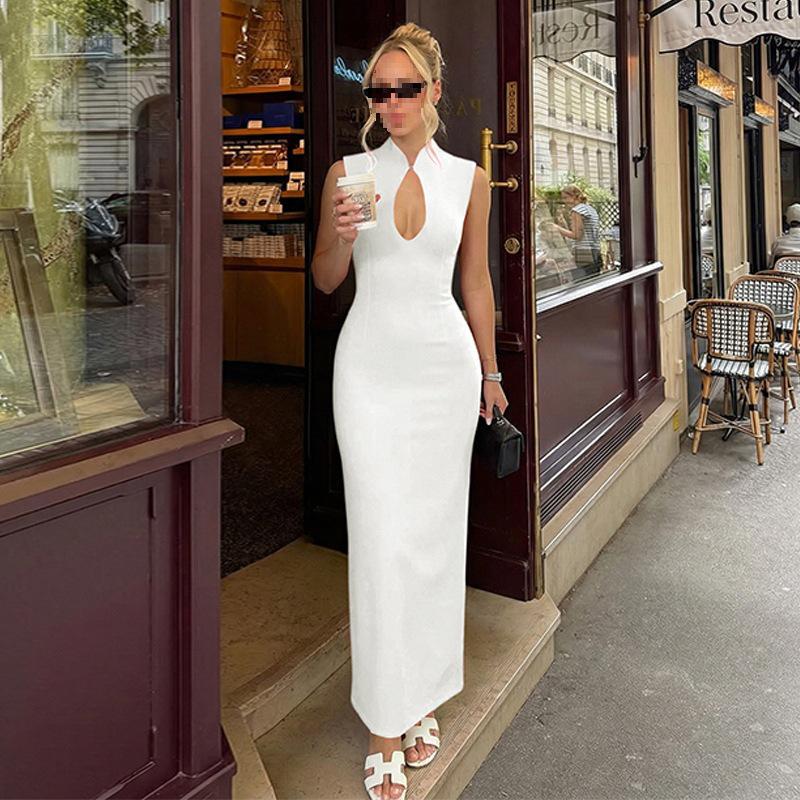 Elegant 2026 Spring Hollow-out Sleeveless Slim Fit Long Dress with Back Slit Medium белый