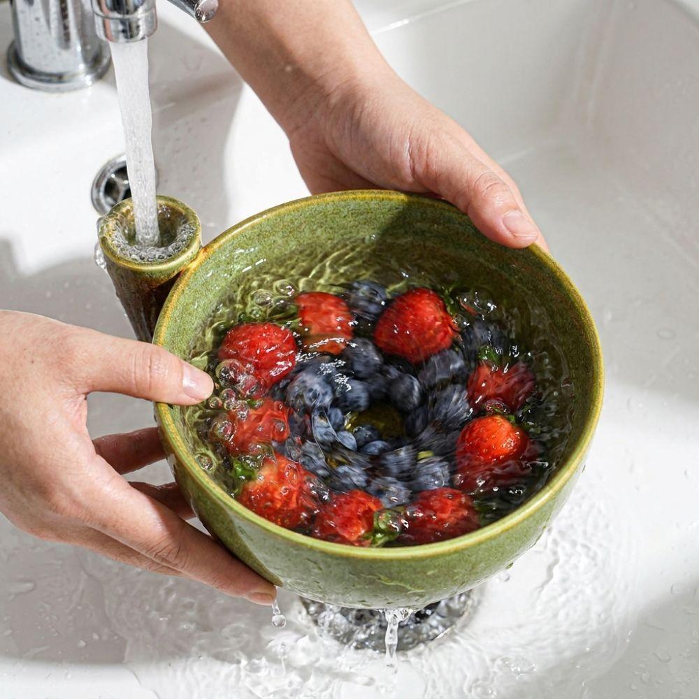 Ceramic Automatic Fruit Washing Bowl Quick Drain Berry Strainer Basket  Home Kitchen