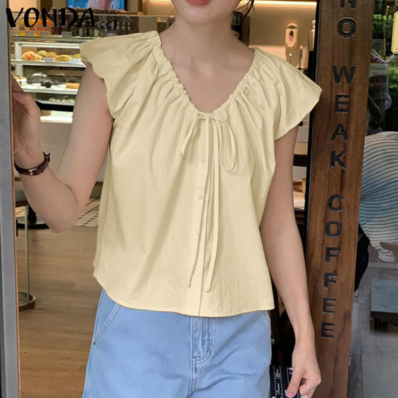 

VONDA женская летняя свободная блузка с v-образным вырезом и летающими рукавами на шнурке и пуговицах XL хаки