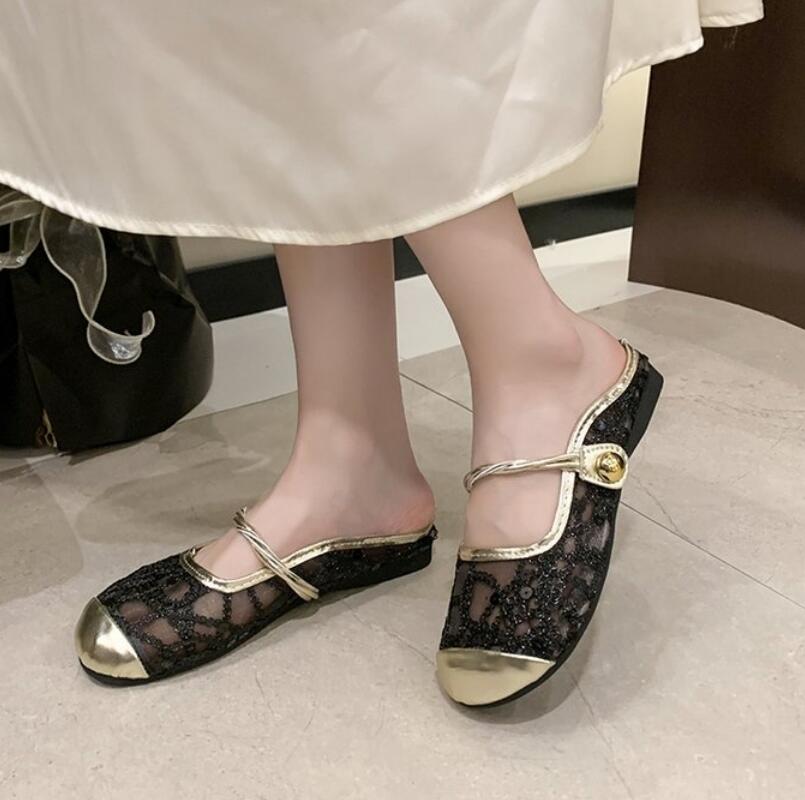 Women's Summer Lace Mesh Hollowed-out Glitter Headpiece Half-slipper Outdoor Woman's Slippers Chinelo Feminino Ladies Slides