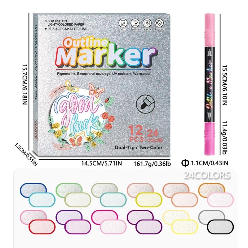 Pack of 12Pcs Assorted Colors Colorful Outline Pens Glitter Pens Set Kids Double Line Outline Pens for Arts and Crafts