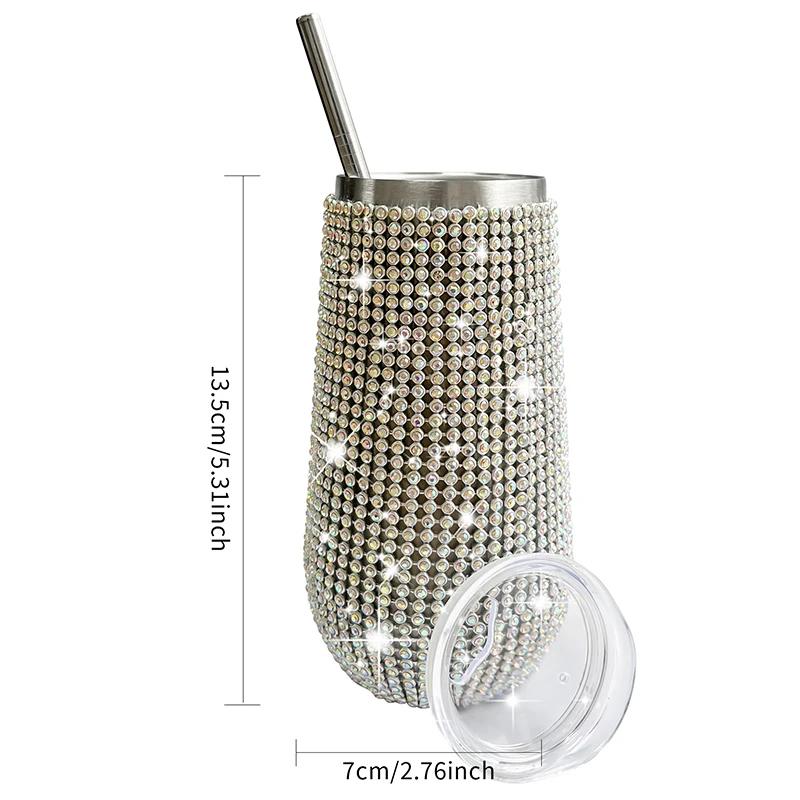 6oz Glänzender Diamant-Becher Bling Strass-Weinglas mit Strohhalm Edelstahl Isoliert Vakuum Champagnerbecher Tasse Eiform