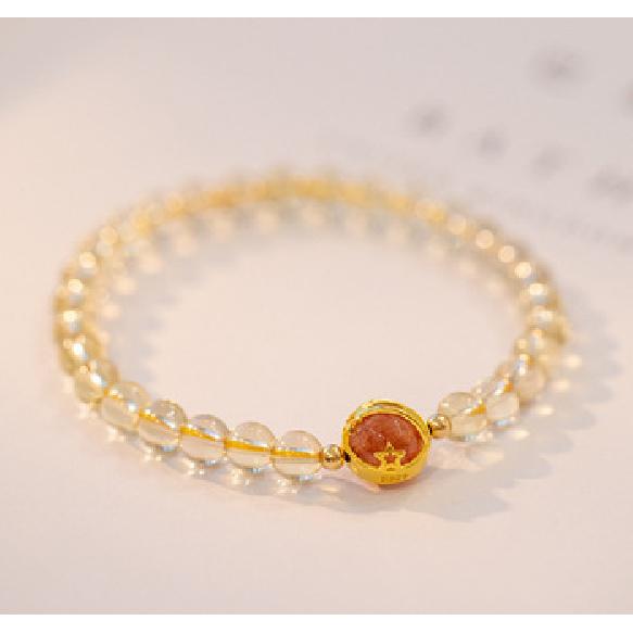 Citrine Natural Golden Rutilated Quartz Beaded Bracelet for Women, Alloy Jewelry