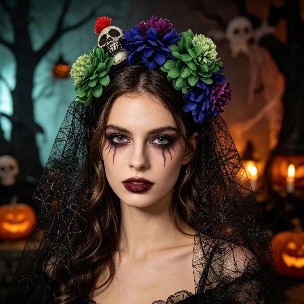 Floral Halloween Skull Hair Hoop Artificial Flower Festive Costume Headwear Cosplay Events