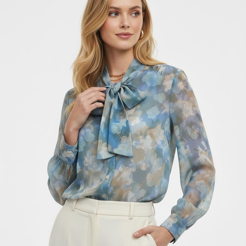 2026 Flowy Floral Print Summer Shirt with Twisted Knot Design L