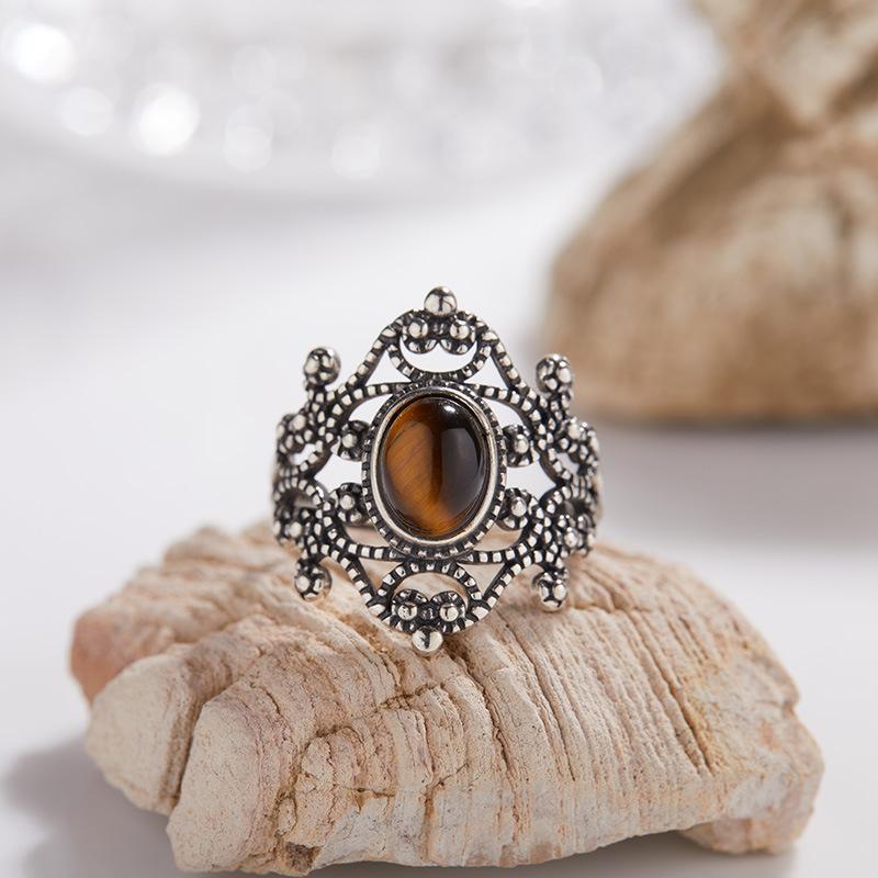 S925 Retro Thai Silver Natural Colored Treasure Ring, Personalized Hollow Lace Pattern Adjustable Open Index Finger Couple Ring