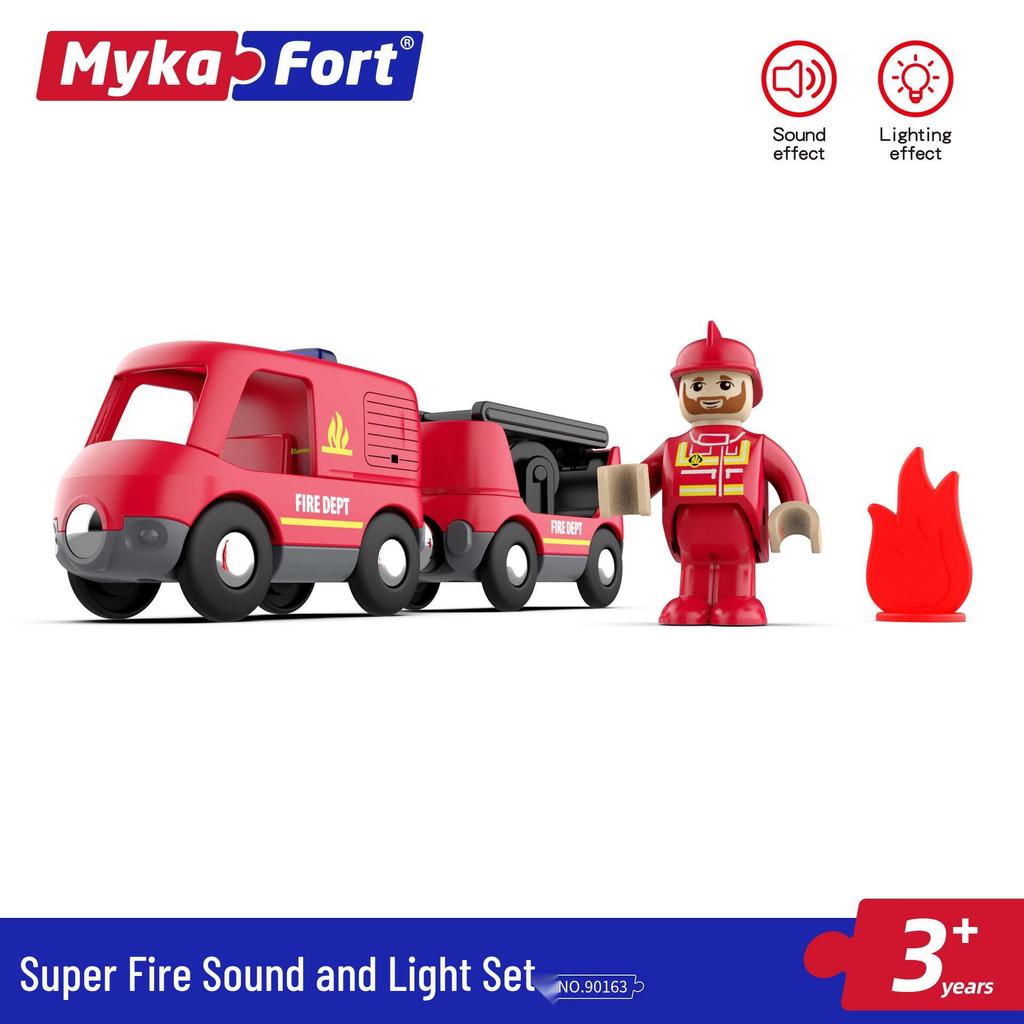 Mykafu Sound & Light Firefighting Toy with Wooden Track Scene for Kids