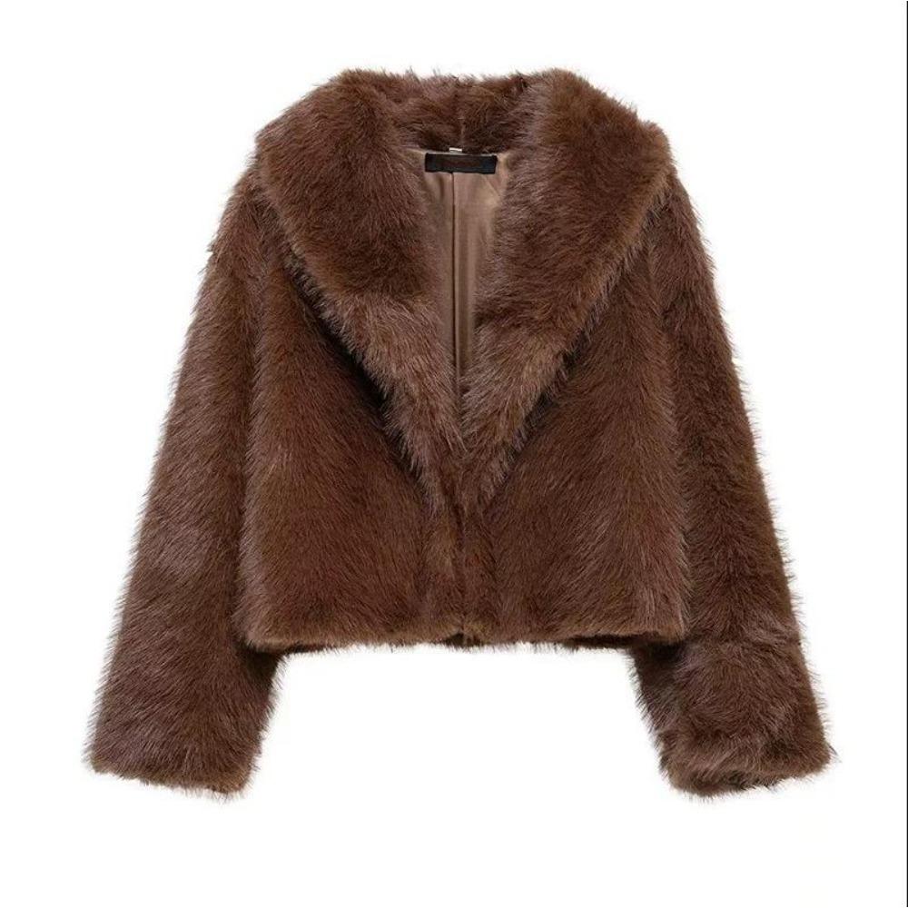 Giacca Corta Nera in Pelliccia Sintetica Soffice con Ampio Revers Moda Manica Lunga Oversize Corta Invernale Nuovo Capospalla High Street