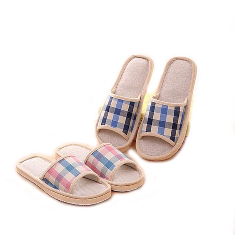Four Seasons Indoor/Outdoor Plaid Linen Slippers with Non-Slip Foam Sole - Free Gift Included