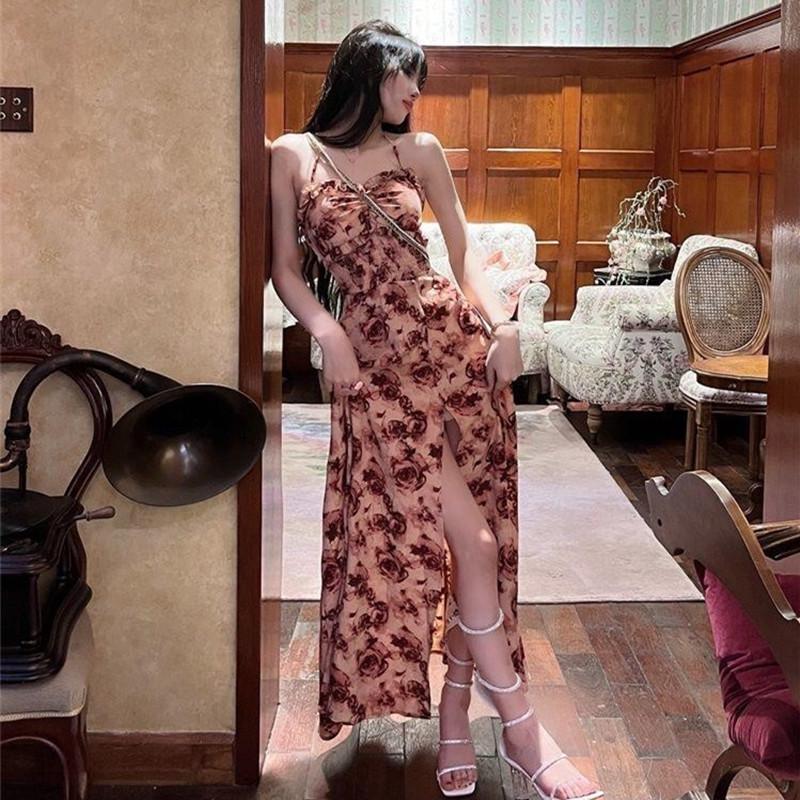 Rose Print Halter Neck Dress with Bra Pad and High Slit