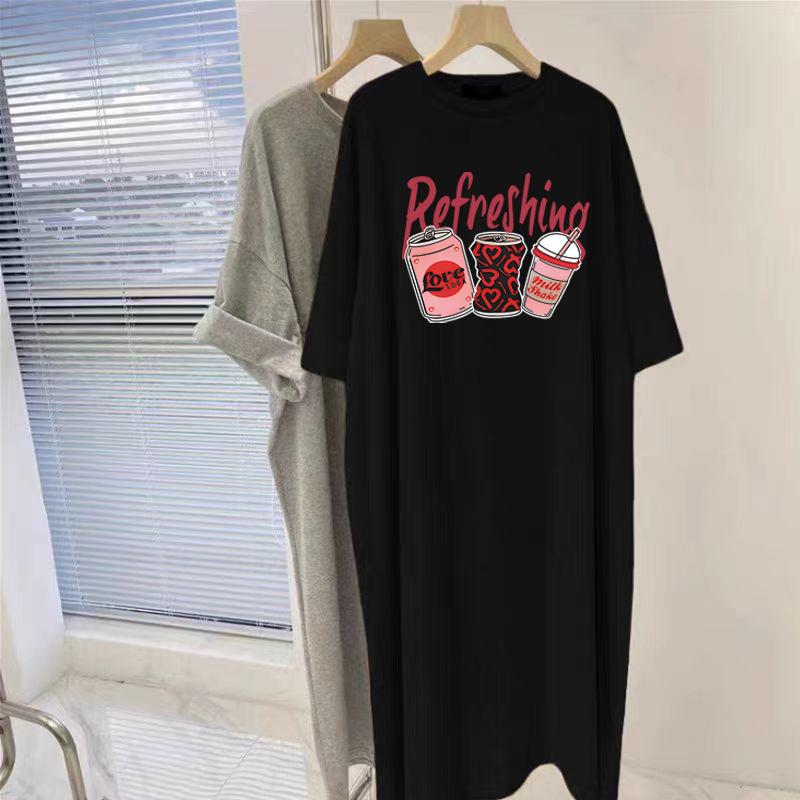 Średnia i Długa Czarna Bawełniana Sukienka z Krótkim Rękawem do Kolan dla Kobiet Letnia Najnowszy Zagraniczny Styl Wygodny Krój Spódnica T-shirt z Rozcięciami