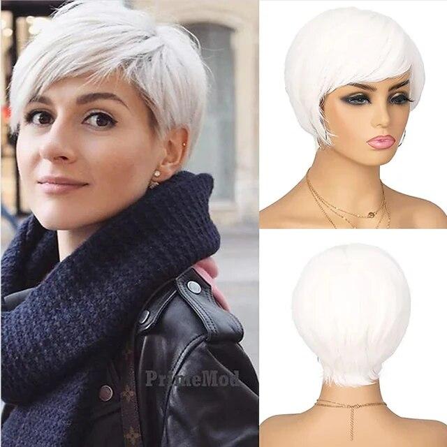 Women Straight Bangs Style Pixie Cut Synthetic Hair Wig Brown Mixed Short Wigs Machine Made