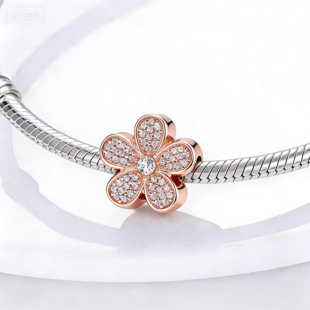 New Rose Gold Color Charm For Women Shiny Cubic Zirconia Beads Heart Star Sun Diy Fit Original Silver 925 Bracelets Jewelry Gift