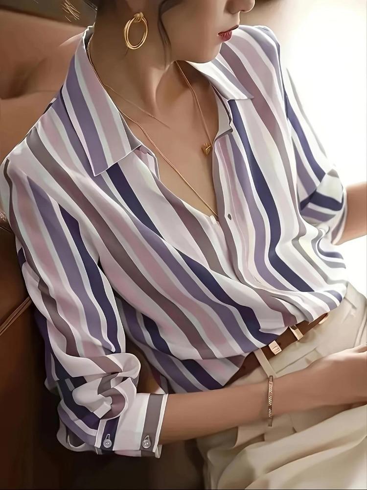 Contrast Stripe Print Ladies Shirt with Elegant Lapel S фиолетовый