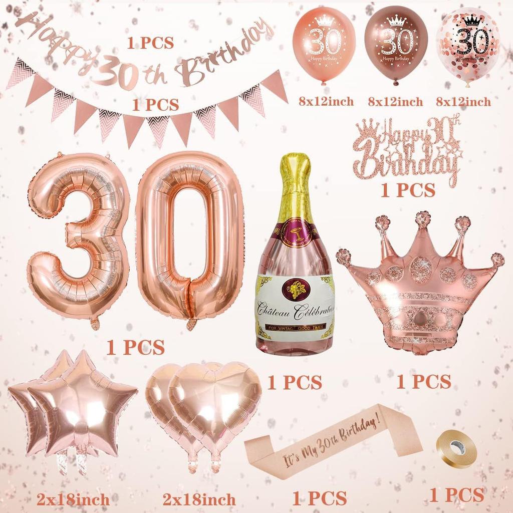 Rose Gold Digital Birthday Balloon Set, Rose Gold Digital Birthday Party Ornament Flag Balloon Set
