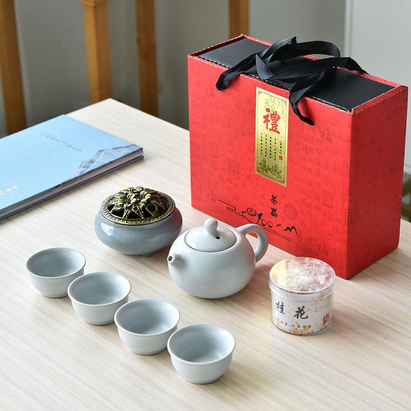 Guochao Ge Kiln Kung Fu Tee-Set Geschenkbox-Set Kreative Keramik Ein Topf Vier Tassen Leichte Luxusgeschenke mit Räuchergefäß